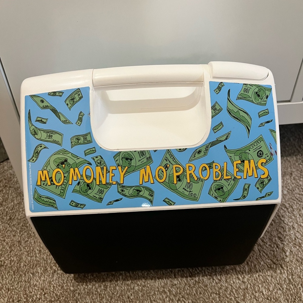 Mo Money Mo Problems Cooler with Blue and Black Design (Gently Used)